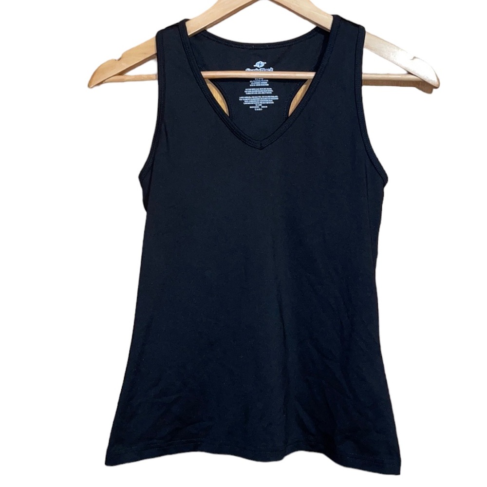 •NORDIC TRACK•BLACK V NECK RAZOR BACK ACTIVE TOP WITH SHELF BRA SIZE SMALL EUC